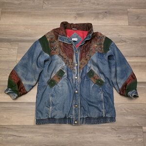 Vtg 90s Two Twenty Womens Blue Denim Patchwork Winter Lined Jacket 2XL